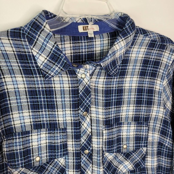 Kut from the Kloth Snap Front Shirt Top XXL Blue White Plaid Long Sleeve Collar - Picture 2 of 10